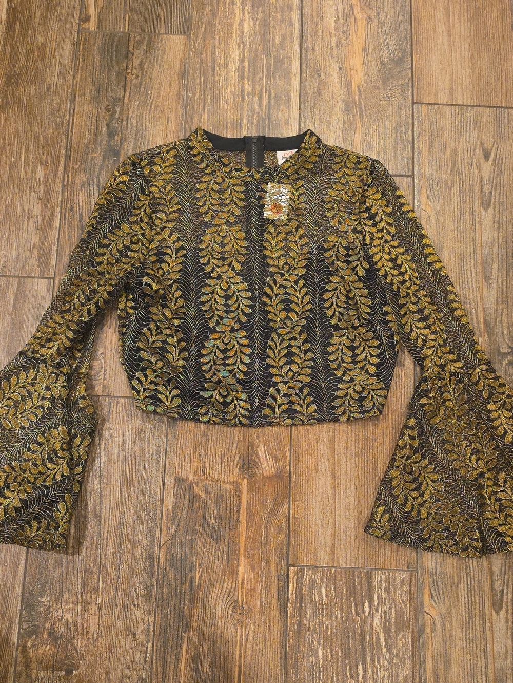 Womens Black and Gold Leaf-Pattern Crop Top
